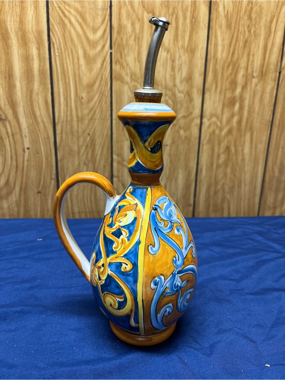 Hand-Painted Ceramic Oil Cruet - Blue & Yellow Italian